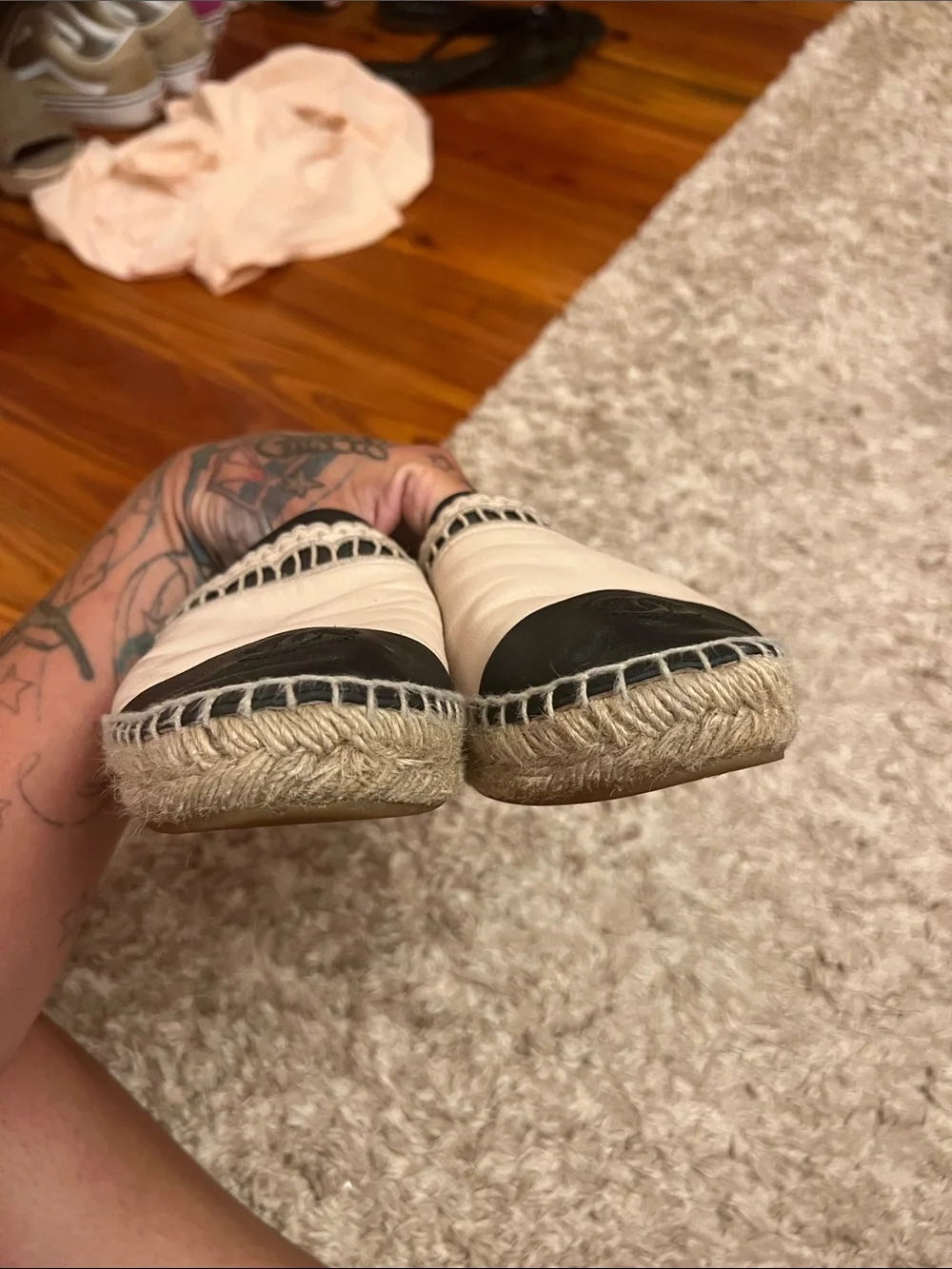 CHANEL Two-Tone Leather Espadrilles in Cream and Black with Lace Trim